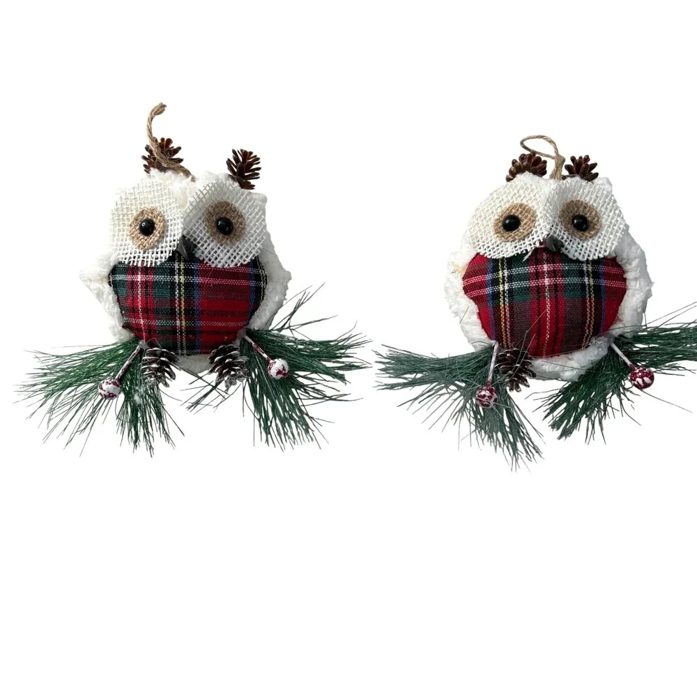 Set of 2 Christmas Owl Ornaments Plaid Sherpa Rustic Woodland Holiday Decor